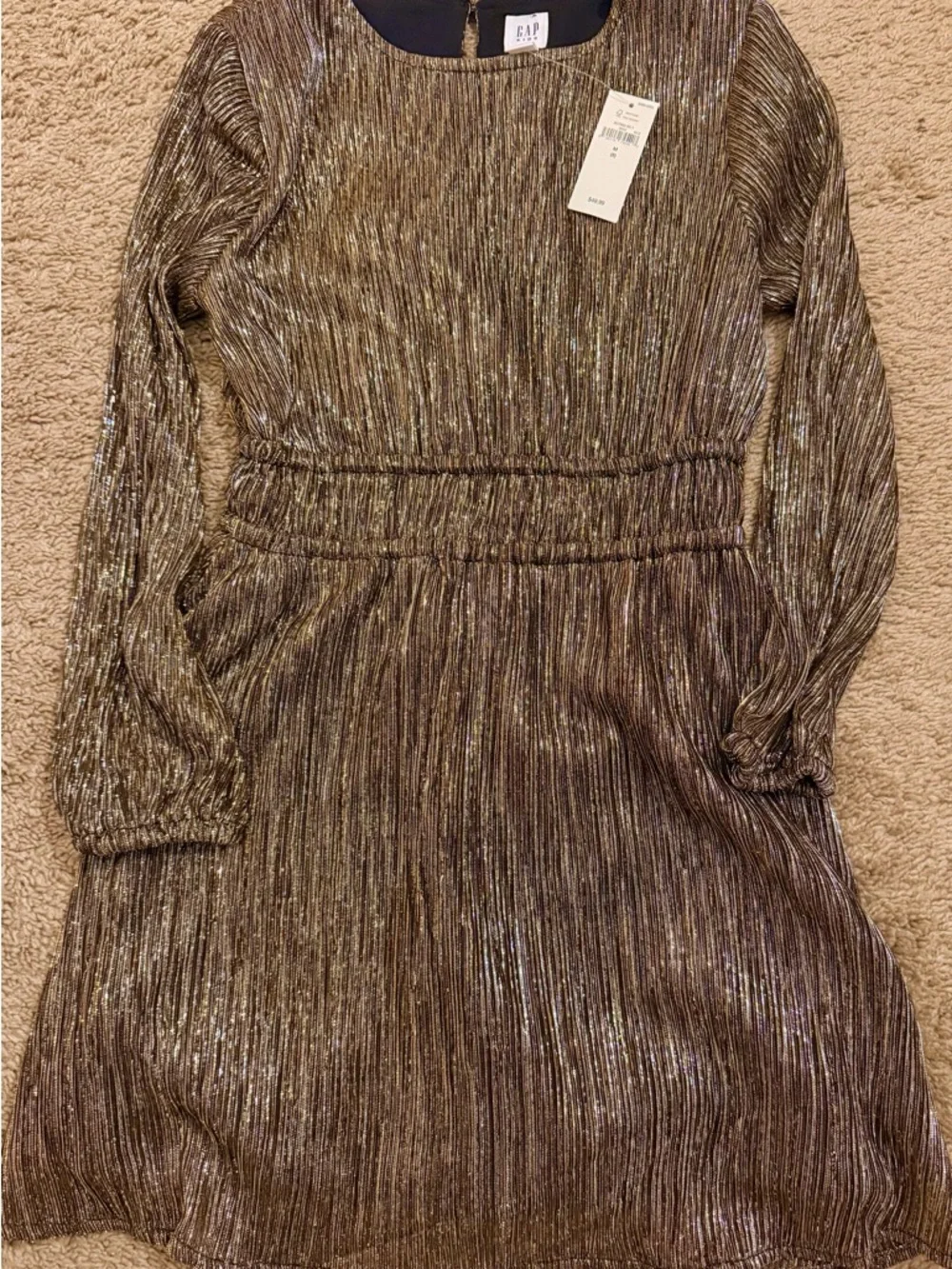 GAP Girls Metallic Gold Pleated Long-Sleeve Dress